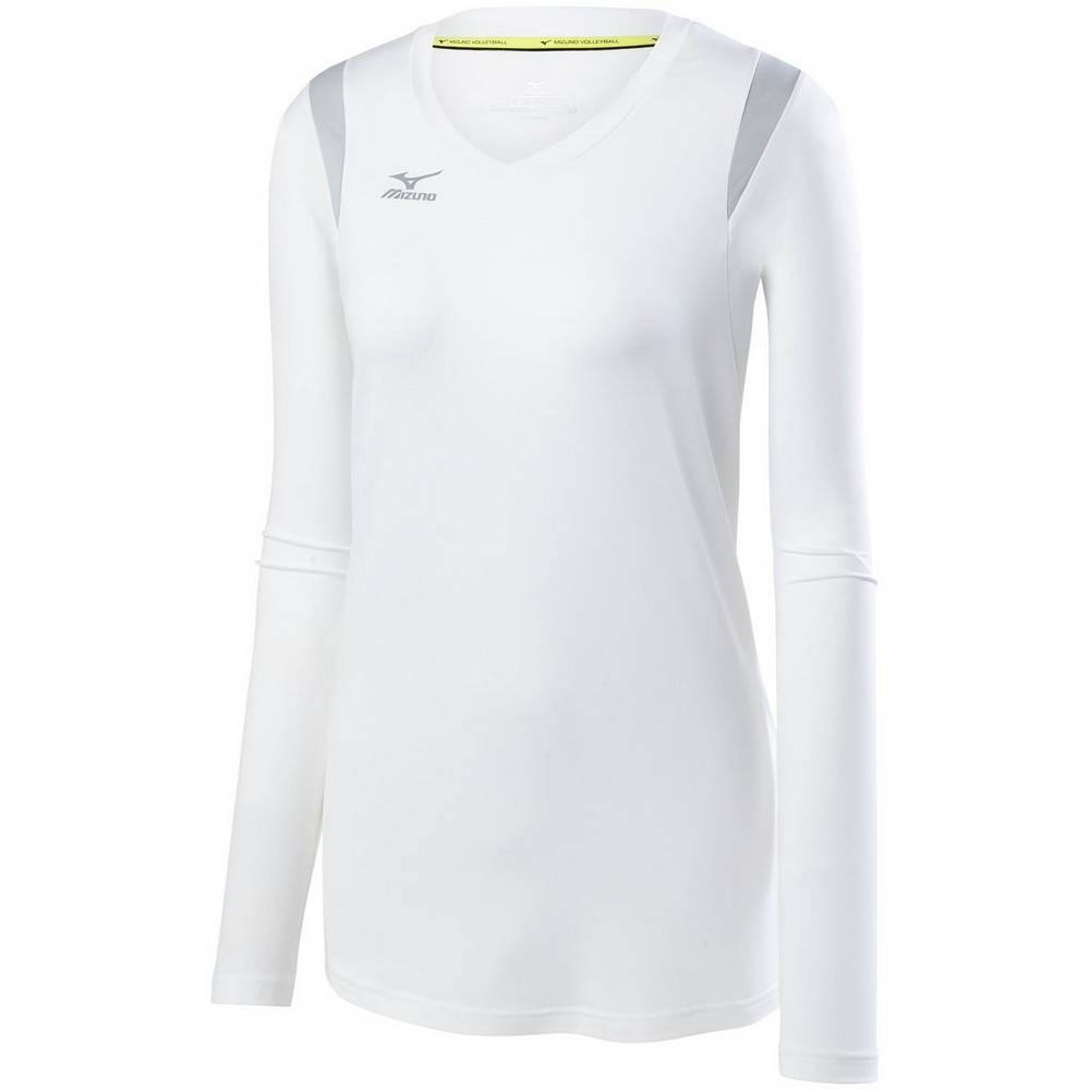 Camisas Mizuno Voleibol Balboa 5.0 Long Sleeve - Mulher - Branco/Prateadas - FLQNA5804